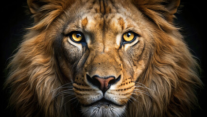 A close-up portrait of a lion's face captures its regal features
