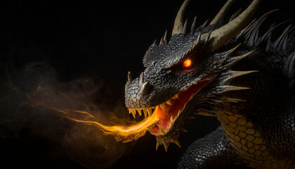cabeza de dragón que esta lanzando fuego por la boca con fondo oscuro