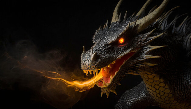 cabeza de drag&oacute;n que esta lanzando fuego por la boca con fondo oscuro