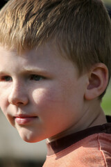 Obraz premium Contemplative boy with freckles in nature's light