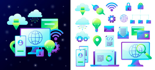 Digital technology illustration and icons in gradient style