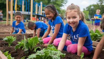 Smiling Children in School Gardening Project Teamwork