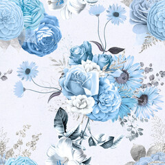 Blue Floral Digital Paper, Pattern Digital Paper