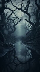 Obraz premium A dark and mysterious forest with a river running through it. The trees are tall and the branches are twisted and gnarled. The water is still and dark, reflecting the light of the moon.