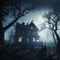 A dark, gloomy house with a full moon in the background.