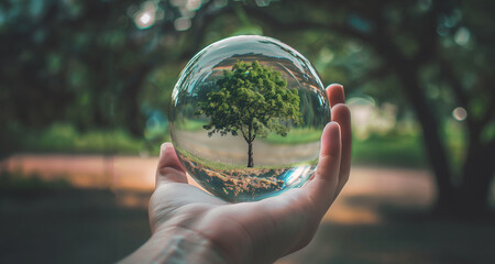 Dłoń trzymająca szklaną kulę z drzewem w środku. Ekostyle. Dzień Ziemi - obrazy, fototapety, plakaty