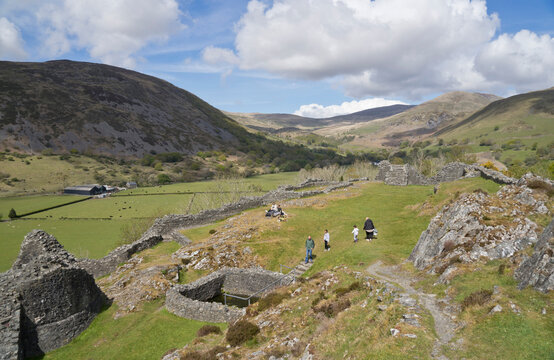Visitors at Castell y Bere, a Welsh castle constructed by Llywelyn the Great in the 1220s, Gwynedd, Wales, United Kingdom, Europe