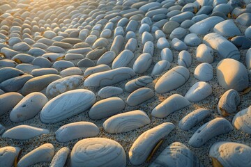 Fototapeta na wymiar Aerial view of a sprawling zen labyrinth made of smooth river stones on a secluded beach at dawn