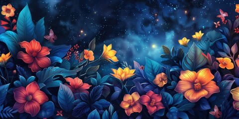 Obraz na płótnie Canvas a vibrant, cosmic pattern featuring 3D blooming flowers and foliage, set against a starry night sky. 16k ultra HD resolution