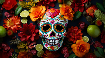 A vibrant sugar skull adorned with a variety of flowers and fruits. Cinco de Mayo mood.