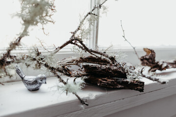 Whimsical bird and lichen adorn a serene windowsill.
