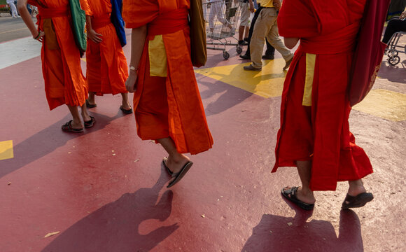Monks attending the Makha Bucha Buddhist celebrations where relics of Buddha are enshrined at the Royal Park Rajapruek in Chiang Mai ,Thailand