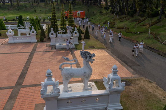Thai classical dancers and musicians at Makha Bucha Buddhist celebrations where relics of Buddha are enshrined at the Royal Park Rajapruek in Chiang Mai ,Thailand