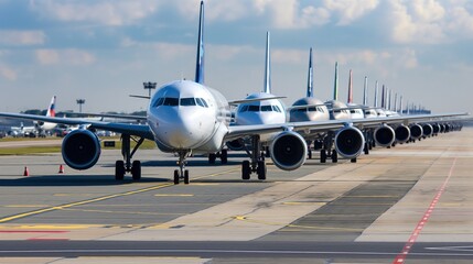 A row of airplanes parked in airport. Vanishing point image of endless row of passenger jets