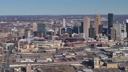 Aerial panning view across Downtown Minneapolis, Minnesota