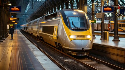 Naklejka premium High-speed train stands at the station at night. Modern speed train standing at the station