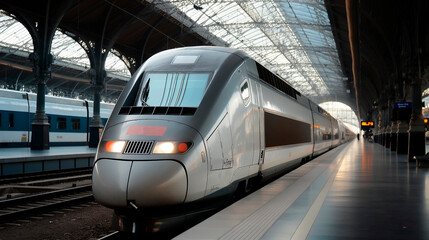 Naklejka premium High-speed train stands at the station at night. Modern speed train standing at the station