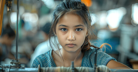 Asian girl is working on a sewing machine making clothes. The girl looks sad and stressed, In the blurred background there is an entire factory. Generative AI. - obrazy, fototapety, plakaty