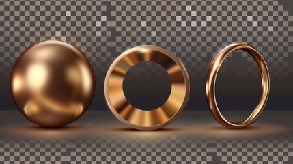 A realistic 3D set of golden geometric figures isolated on a transparent background. Modern illustration of a cylinder, hemisphere, and ring with shiny metal surfaces.