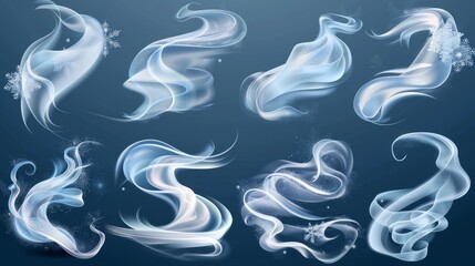 Set of realistic winter air swirls with snowflakes isolated on transparent background. Modern illustration of cold wind flow, frosty whirlwind blow, icy stream vortex. Cool windstorm. - obrazy, fototapety, plakaty