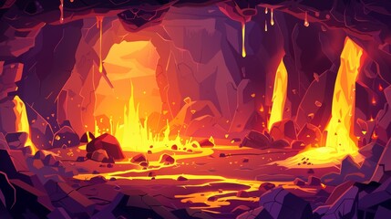 An illustration of hell in a stone mountain tunnel, with fiery molten magma flows, is a game background. - obrazy, fototapety, plakaty