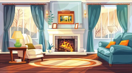 Modern cartoon illustration of empty living room interior with fireplace and modern furniture in the morning. Sofa, armchair, coffee table, large windows and picture on the wall.