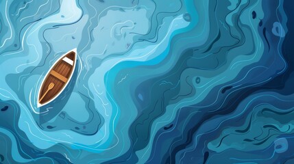 A cartoon illustration of a top view boat in blue water. A wooden dinghy with paddle floating in a river. A fantasy adventure topview lake banner. - obrazy, fototapety, plakaty