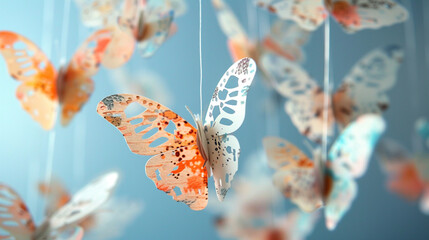 Delicate paper butterflies suspended in mid-air, a whimsical sight.