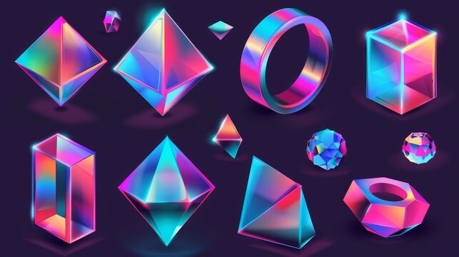 3d abstract geometric hologram shape render modern. Realistic isolated cube, pyramid, and donut holographic forms. Minimal glossy gloss icon collection. Torus and cylinder in multi-colored trendy