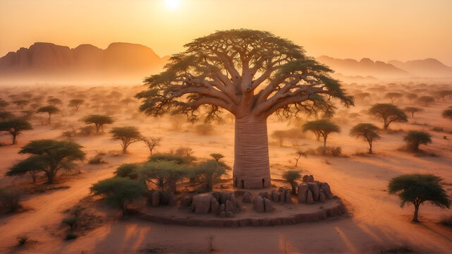 Aerial view of baobab at sunset 