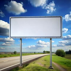AI generated illustration of a large blank white sign stands on the side of a highway