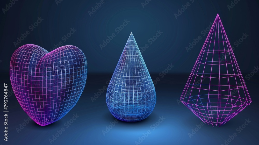Aufkleber 3d wireframe geometric shapes. abstract geometries made from a line grid. polygonal figures of a hea