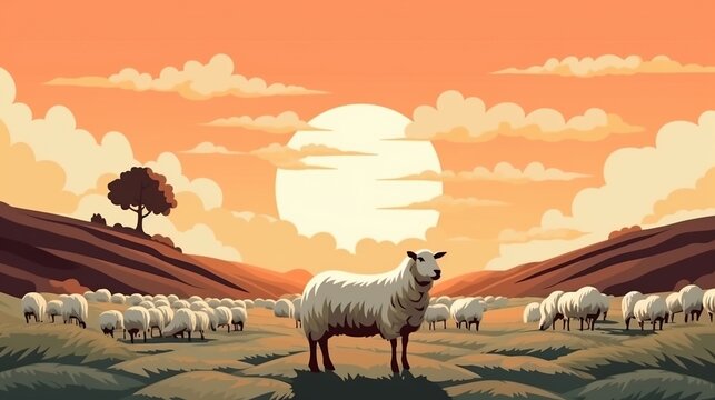 Illustration of sheep in nature in hand drawn style.