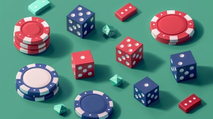 The set includes a realistic set of dice and chips isolated on a green background. Modern illustration shows a realistic set of dice and chips, an animation spread sheet, as well as the components of - obrazy, fototapety, plakaty