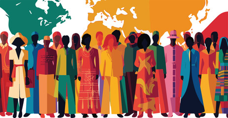 People of different nationalities and cultures standing together in a line. Vector illustration