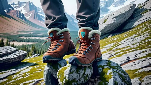 Close-up of feet shod in trekking boots against the backdrop of mountains and fields, active recreation, travel.