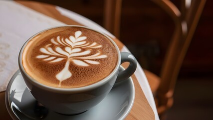 Image capturing a delightful cappuccino featuring intricate patterns created with frothy milk.
