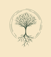 Tree without leaves. Silhouette of a tree with roots in a round frame, a symbol of human life in the northern peoples. Yggdrasil - tree of life. Celtic symbol in Scandinavian style.