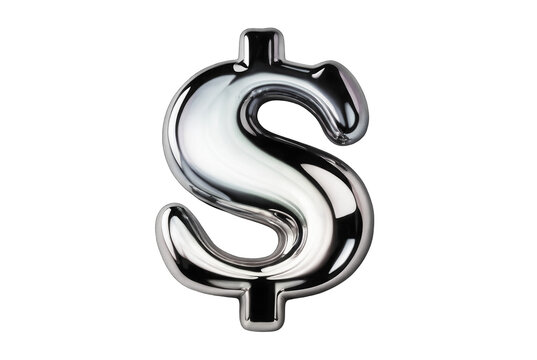 3D rendering of a dollar sign on a transparent background. Molten chrome PNG element in Y2K style, mercury. Money, finance.
