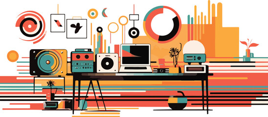 Music studio. Music production. Vector illustration in flat design style.