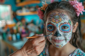 a child getting their face paint done with flowers in hair