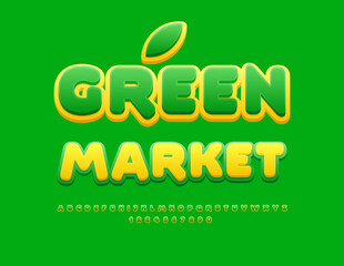 Vector advertising Signboard Green Market. Bright Creative Font. Modern Alphabet Letters and Numbers set.