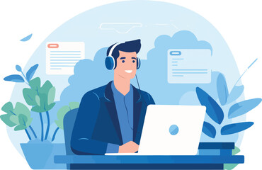 Man in headphones working at laptop. Freelance, remote work concept. Vector illustration in flat style