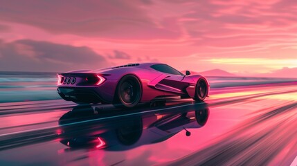 Sleek sports car in dynamic motion on a coastal road at sunset