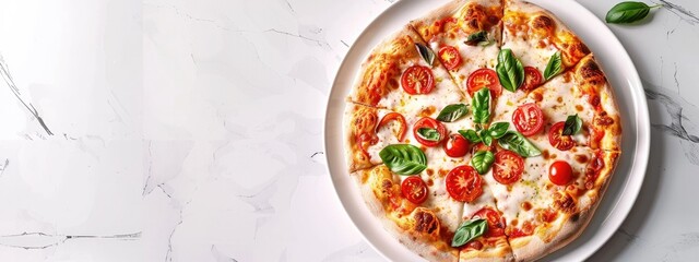 Boho Style Freshly Baked Veggie Pizza on White Marble Countertop