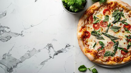 Boho Style Freshly Baked Veggie Pizza on White Marble Countertop - Powered by Adobe