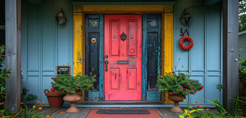  A whimsical front door painted in a vibrant color, adding personality and charm to the entrance of a eclectic home