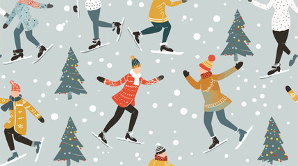 Winter ice skating. Vector seamless pattern. Grey background