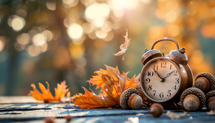 Alarm clock, acorns and autumn leaves on table outdoors. Daylight saving time end