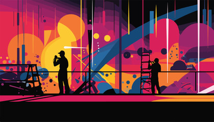 Vector illustration of construction site with workers and crane silhouettes on colorful background